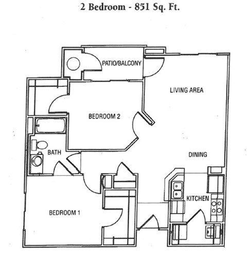 A floor plan of a 2 bedroom, 851 sq. ft. apartment with a living area, dining area, kitchen, and two bedrooms.